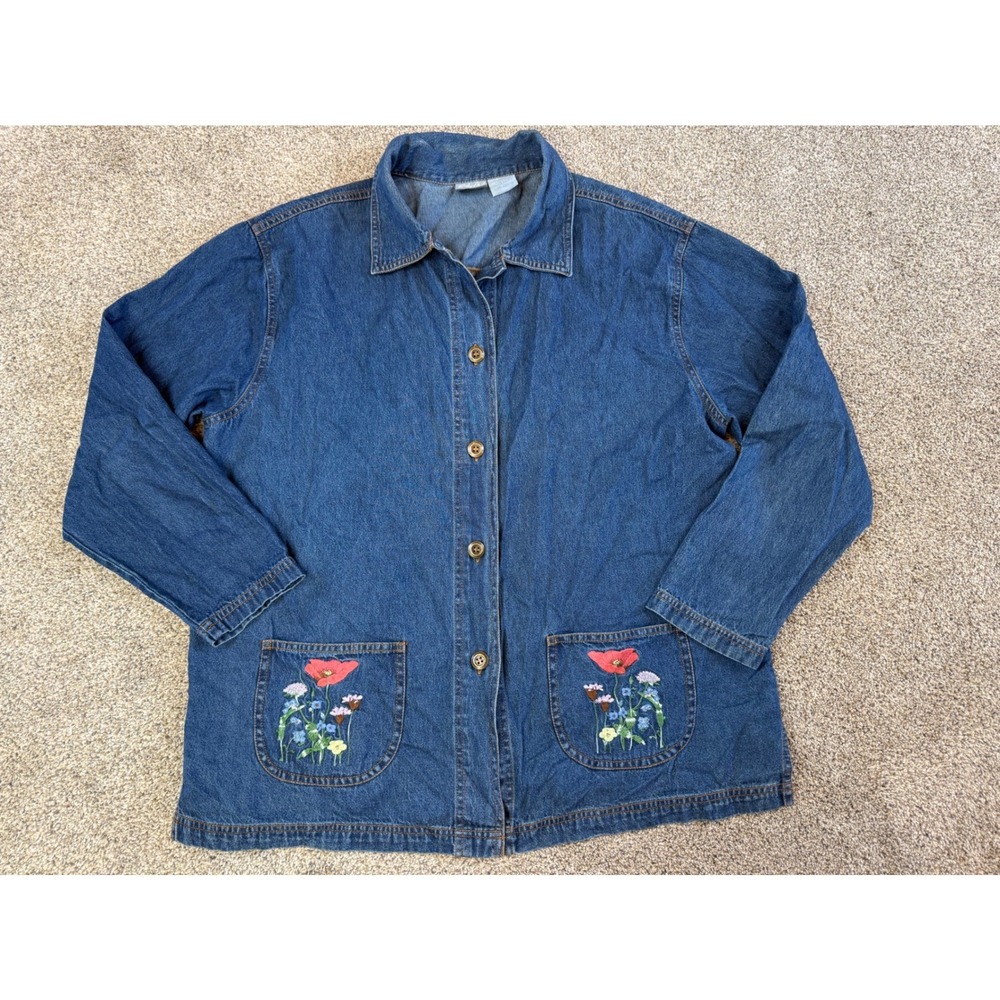 Vintage Blair Womens Denim Jacket‎ Large Blue Floral Embroidered Button Up Shirt